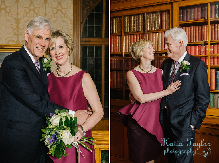 Mature bride and groom in unconventional winter wedding. Toronto York Club.