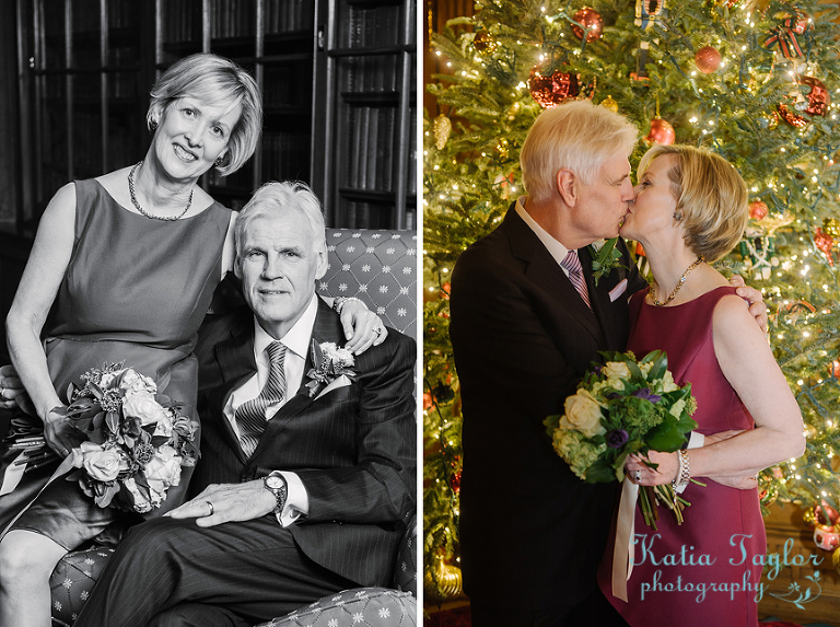 Mature bride and groom in unconventional winter wedding. Toronto York Club.