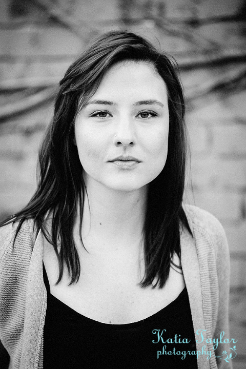 Black and white headshot of model