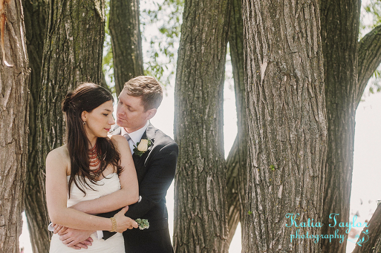 Bride and groom with trees