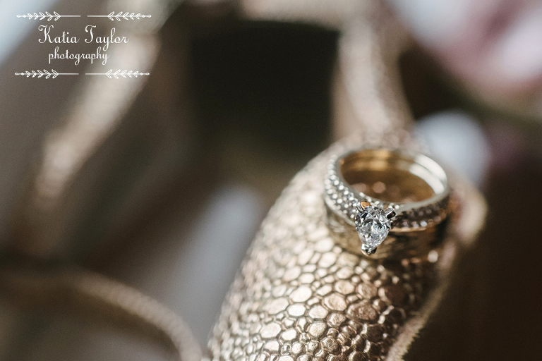 Wedding band detail on the brides bronze shoes