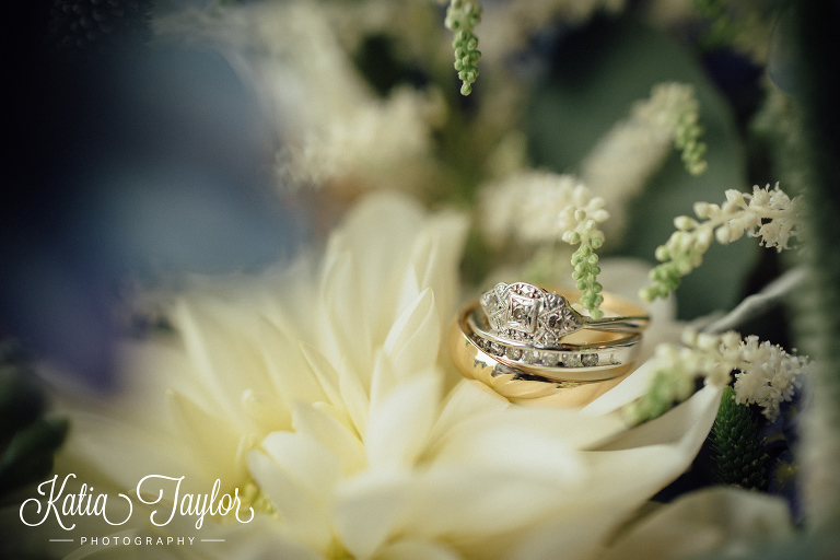 Close-up of the wedding rings on the bouquet. The Old Mill in Toronto.