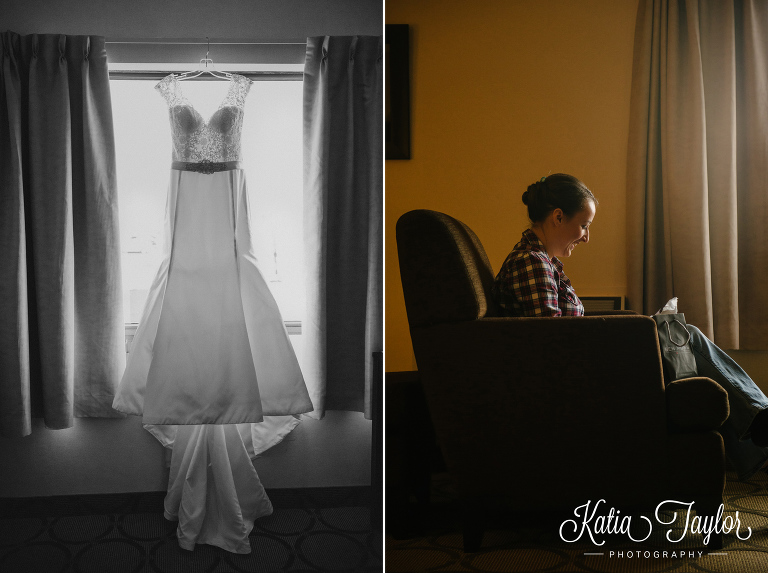 Wedding down hanging in the window while bride reads letter from groom. Toronto wedding photography.