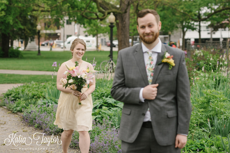 Bride approached groom for first-look photos. Toronto Allan Gardens elopement.