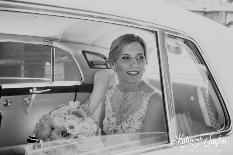 Bride in vintage car. Greek Orthodox Wedding, Greek Orthodox Cathedral Annunciation Of The Virgin Mary Church, Toronto.