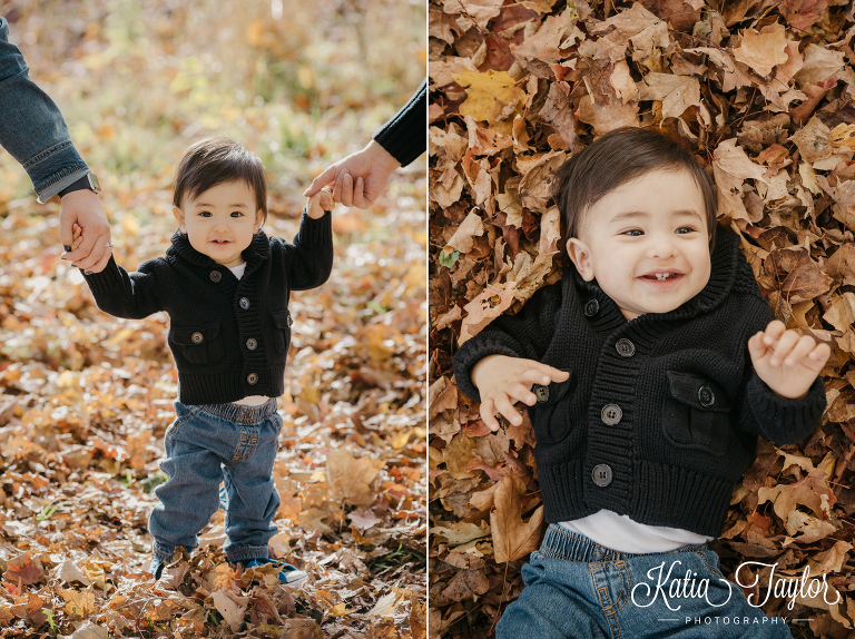 Little boy having fun in the Fall leaves. Toronto High Park Fall family portraits.