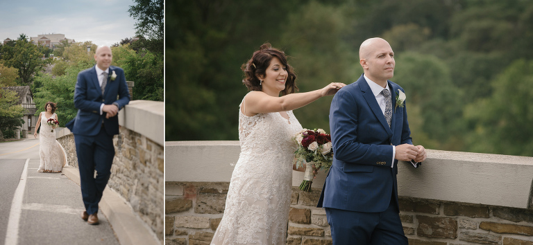 Bride and groom's big reveal on bridge. Etienne Brule Park. Toronto wedding at Propeller Coffee Co.