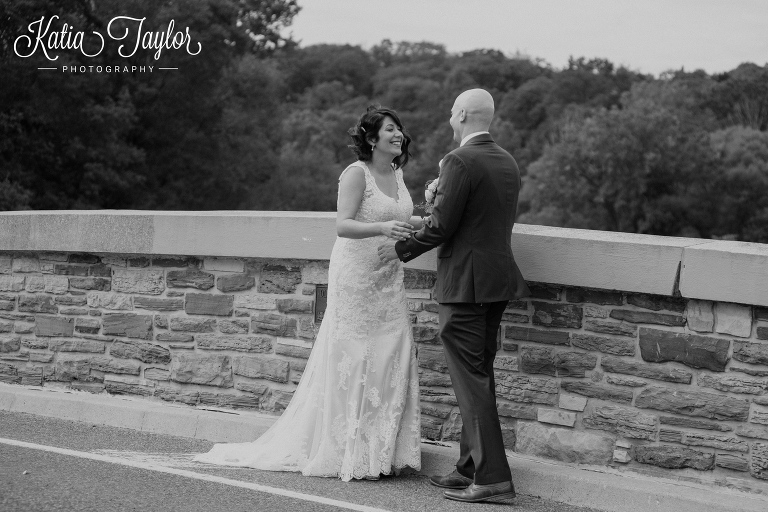 Bride and groom see each other for first time on wedding day. Etienne Brule Park. Toronto wedding at Propeller Coffee Co.