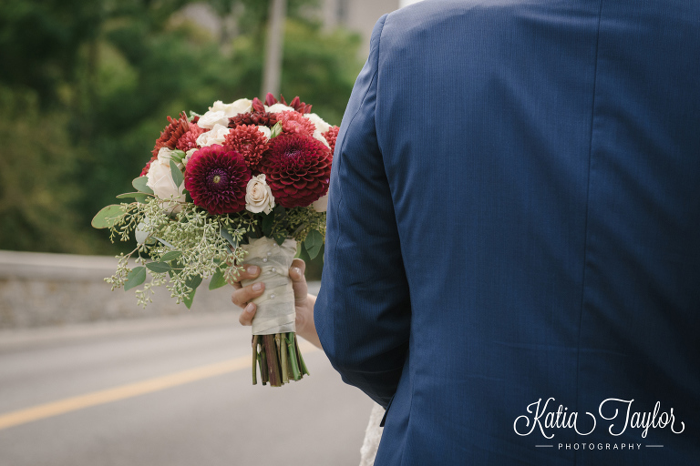 Close-up of bouquet. Bride and groom. Etienne Brule Park. Toronto wedding at Propeller Coffee Co.