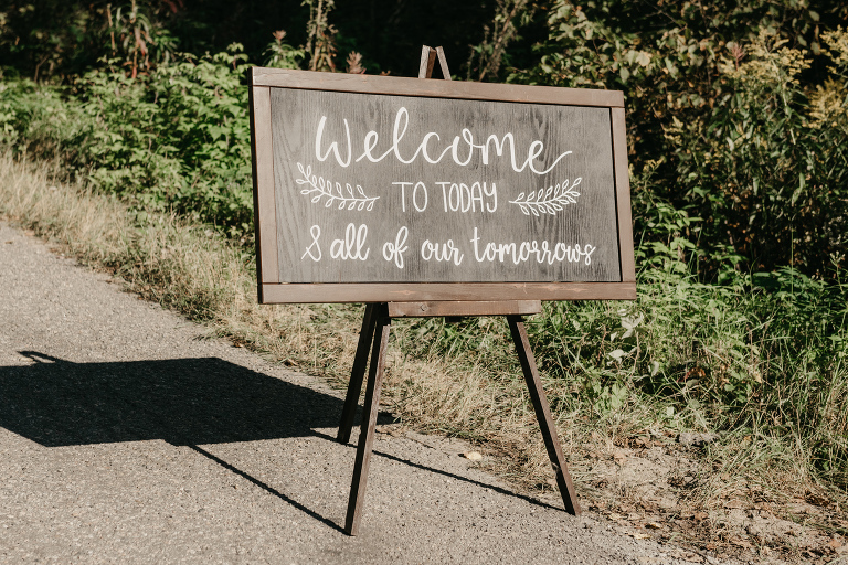 Welcome sign. Haliburton Ontario wedding. Rustic country wedding.