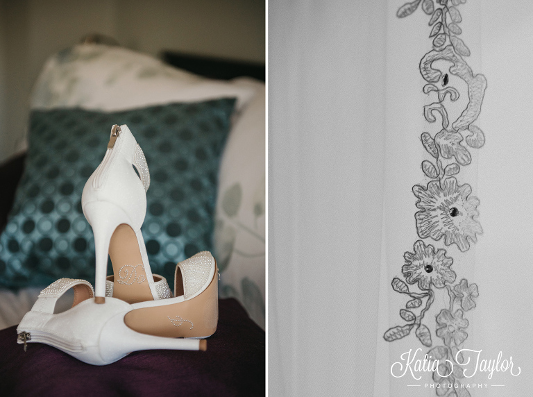 Wedding shoes with "I do" on the soles. Detail of long lace veil. Toronto FountainBlue wedding photography.