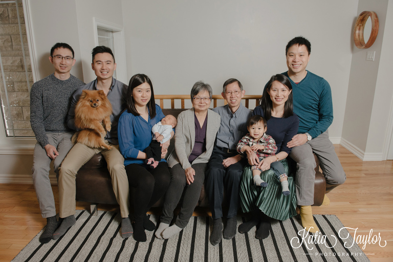 Extended family portrait at home for the holidays. Toronto lifestyle photographer.