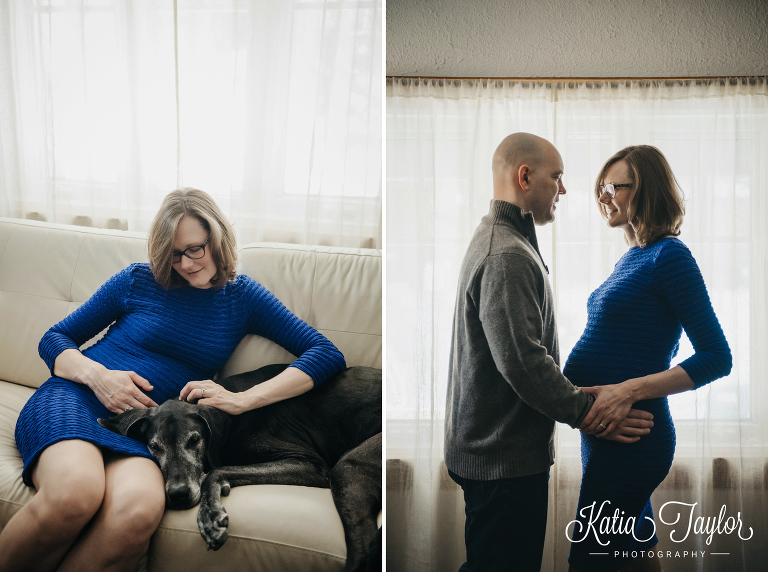 Maternity portraits by the window with a great dane. Toronto lifestyle maternity photography.