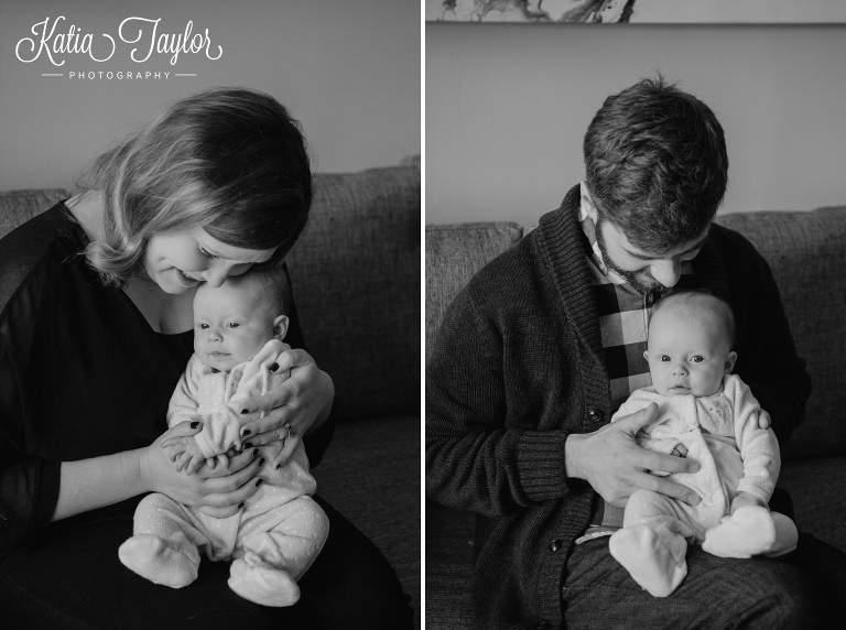 Mother and father of 2-month-old baby girl. Two-month-old baby girl. Toronto baby photos.