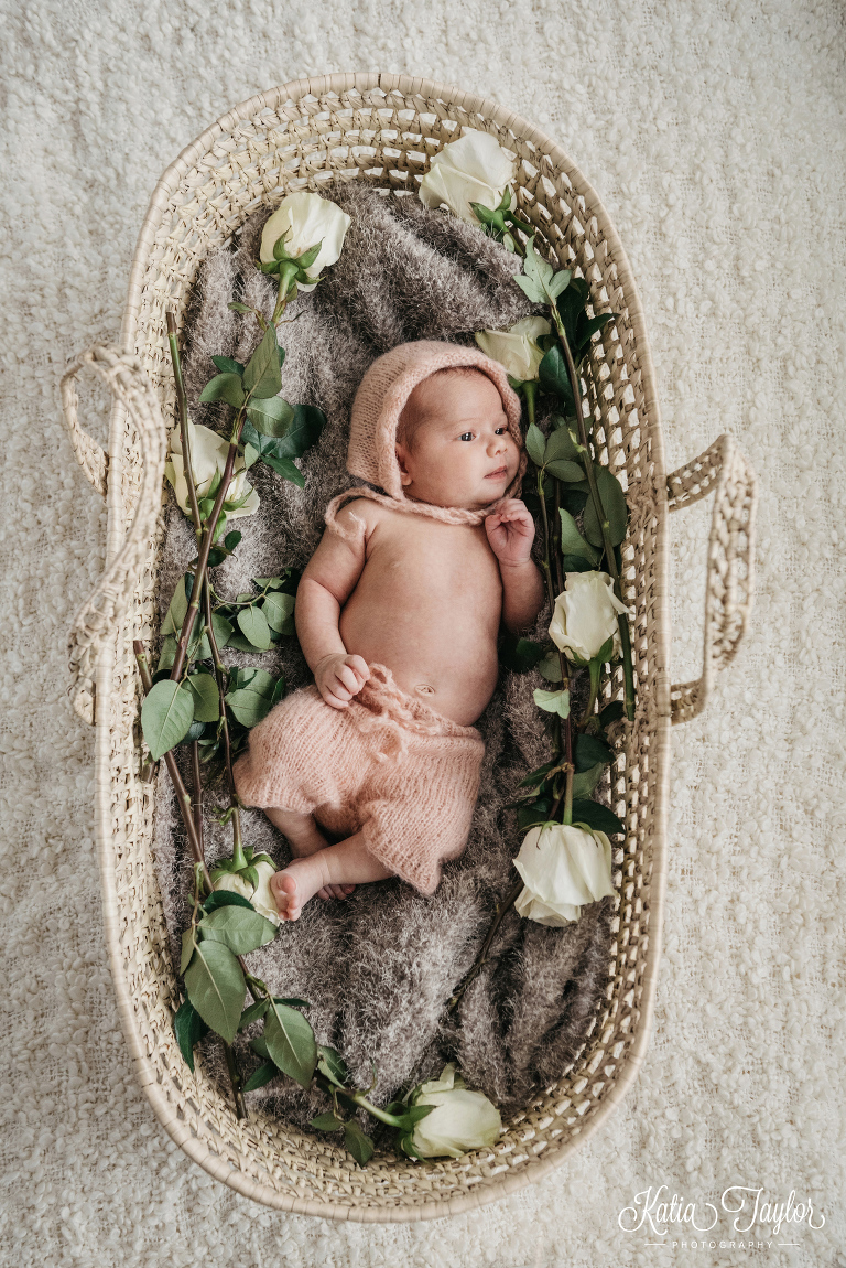 Cute baby girl in knit pants and bonnet. Moses basket with white roses. Toronto newborn photography.