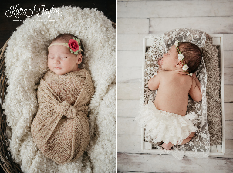 Newborn baby girl in a basket and beige wrap. Toronto newborn photography.