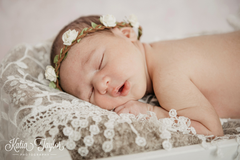 Newborn baby girl in a boho flower crown. Toronto newborn photography.