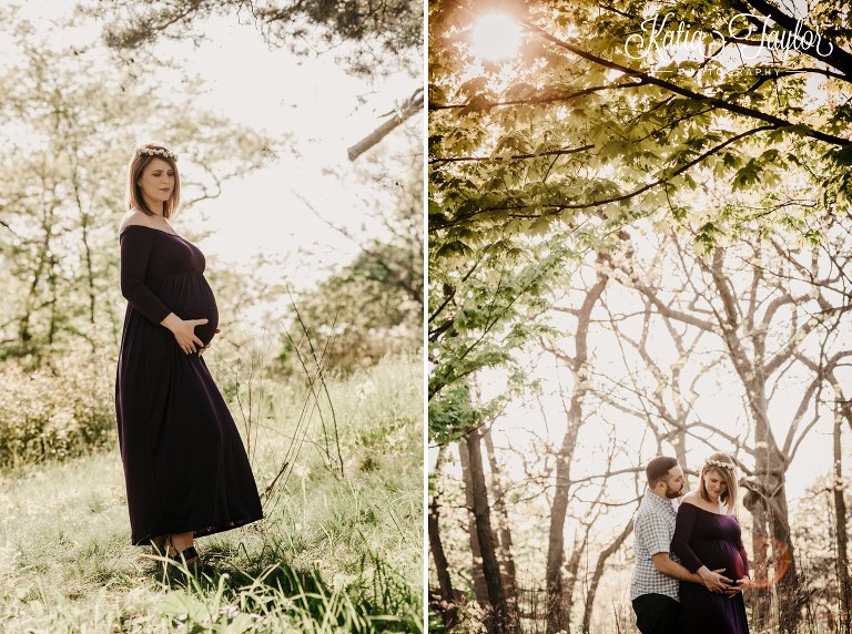 Beautiful sunset maternity shoot in the park. Flower crown. Toronto High Park Maternity Portraits.