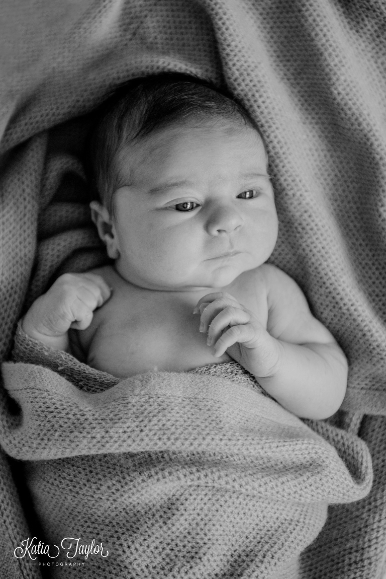 A cute newborn baby wrapped in a blanket. Toronto newborn photography.