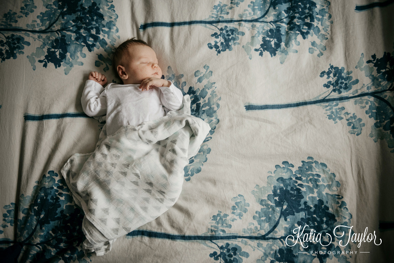 A sleeping baby boy on a blue and white bedspread. Toronto newborn portraits.