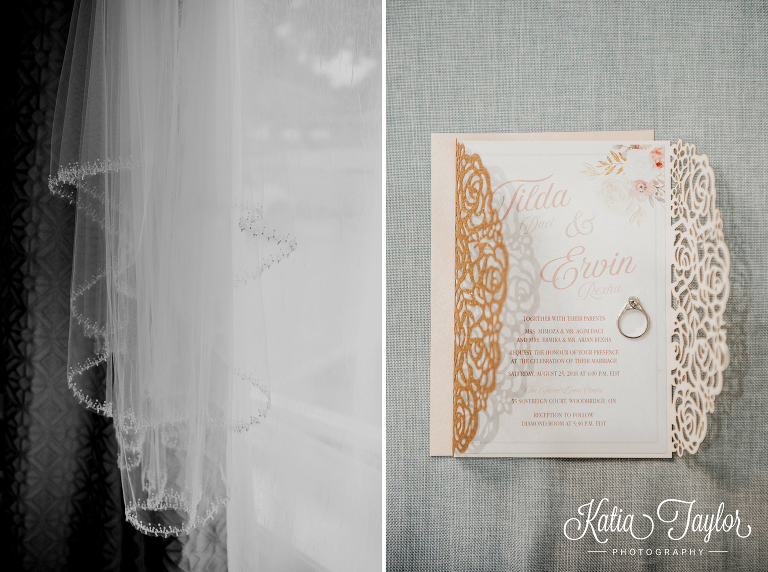 Bridal veil hanging in the window. Wedding invitation with engagement ring. Toronto wedding photography.