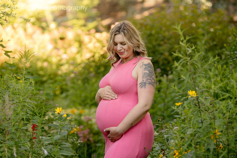 Pregnant woman in a pink dress at James Gardens, Toronto