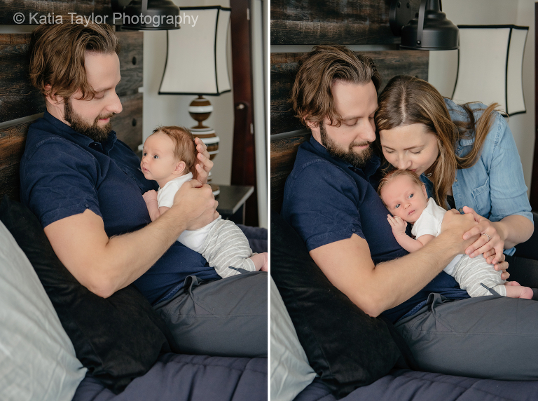Couple with newborn baby boy in their bedroom