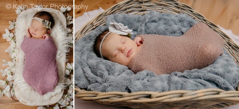 A newborn baby girl sleeping in a basket
