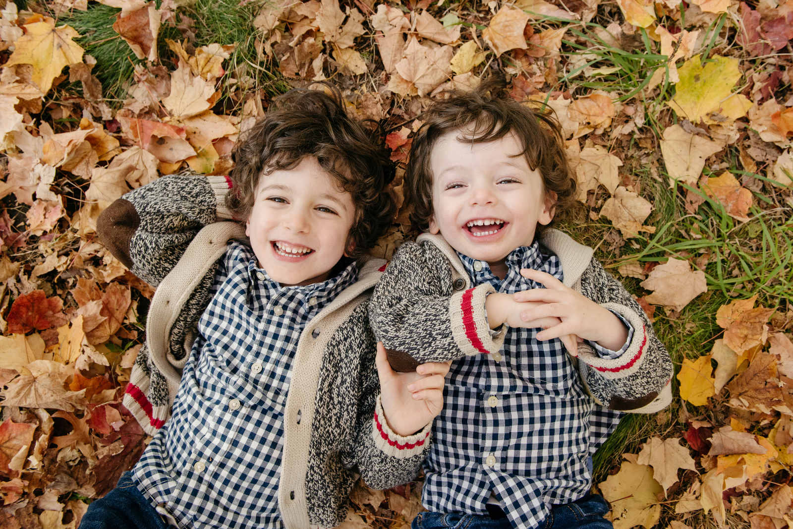 Two young brothers laying on the fall leaves in High Park, Toronto
